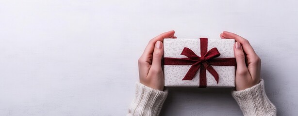 Delicate hands carefully adjusting a rich red bow on a beautifully wrapped gift box for a special occasion