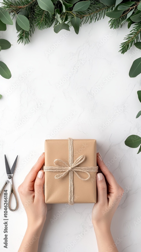 Wall mural two hands carefully wrapping festive gift with brown paper and twine surrounded by greenery and scis