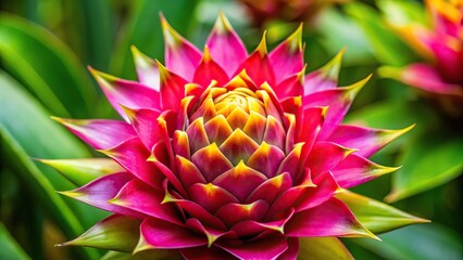 Fototapeta premium Exotic dragon flower with vibrant pink petals unfolding from a central yellow cone, flower arrangement, tropical plants
