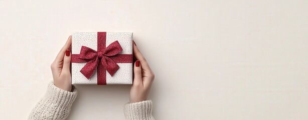 Joyful hands in festive sweater perfectly adjusting a bow on a beautifully wrapped gift for any celebration