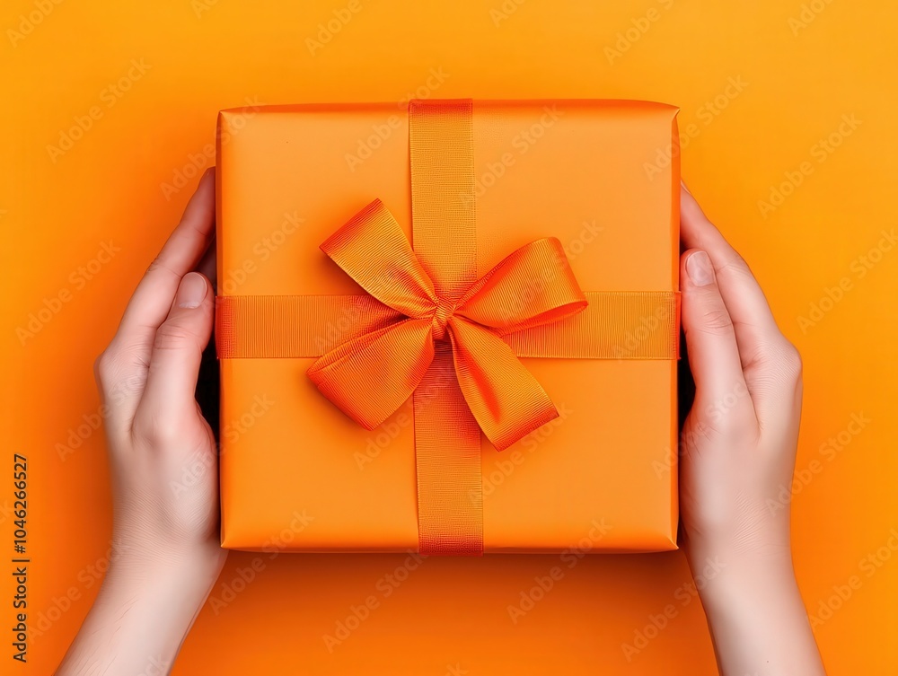 Wall mural hands securely tying a bow around an orange gift box on a vibrant background celebrating the art of 