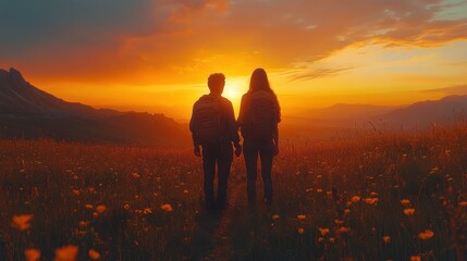 Obraz premium A couple stands hand-in-hand, silhouetted against a vibrant sunset over a vast field of wildflowers and distant mountain peaks.