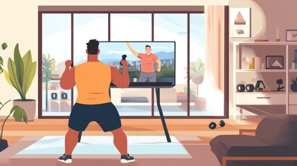 Obraz premium An obese individual participating in a virtual exercise class, following along with a trainer on the screen, doing low-impact cardio from home