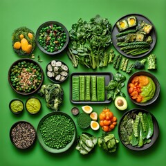 Assorted fresh green vegetables arranged on a vibrant green background.
