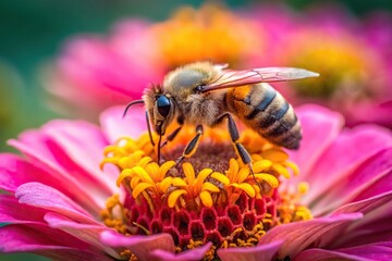 Fluffy bee collecting nectar from a pink tsinia flower in macro view