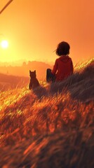A child and a cat enjoy a serene sunset on a grassy hill.