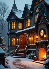 Christmas house with glowing lights and festive decorations