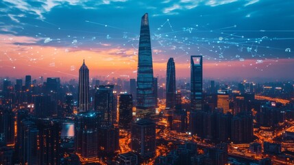 Fototapeta premium A futuristic smart city with towering skyscrapers made of glass and steel, autonomous electric cars, flying drones, and smart homes with integrated solar panels. 