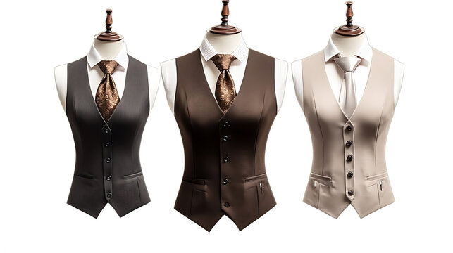 Ghost mannequin effect displaying a brown women's classic waistcoat without a human model. This sleeveless business office vest for women is made from garment textile.