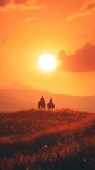 Naklejka premium Silhouettes of two riders on horseback against a vibrant sunset backdrop.