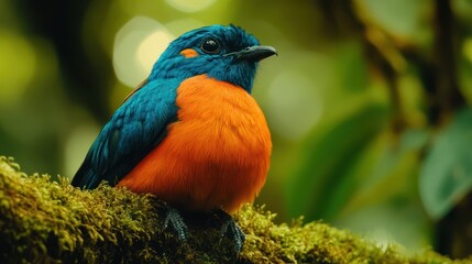 Obraz premium Vibrant Blue and Orange Bird Perched on Mossy Branch