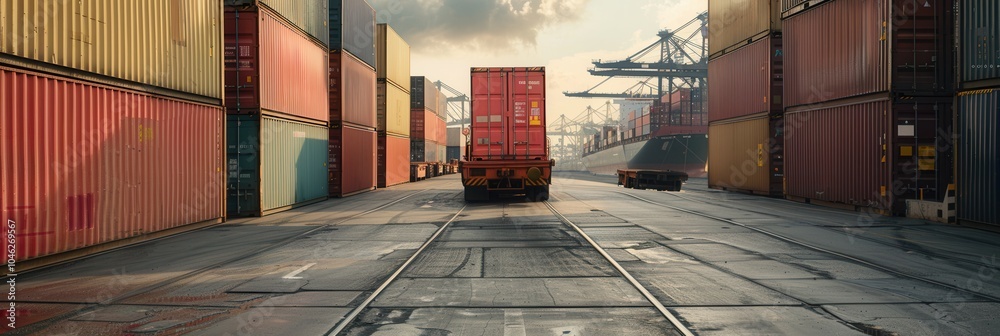 Leinwandbilder containers are being efficiently transferred from a truck to a train at a freight terminal during th