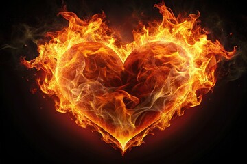 A luminous heart-shaped flame stands out against a dark canvas, embodying the fierce intensity of passion and love that shines through shadows.