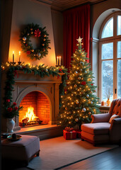 Christmas Tree and Fireplace in Cozy Living Room