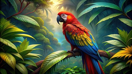 Fototapeta premium A radiant Scarlet Macaw elegantly perches within the lush rainforest canopy, with generative AI artistry exquisitely showcasing the enchanting beauty of natureâ€™s vibrant palette.