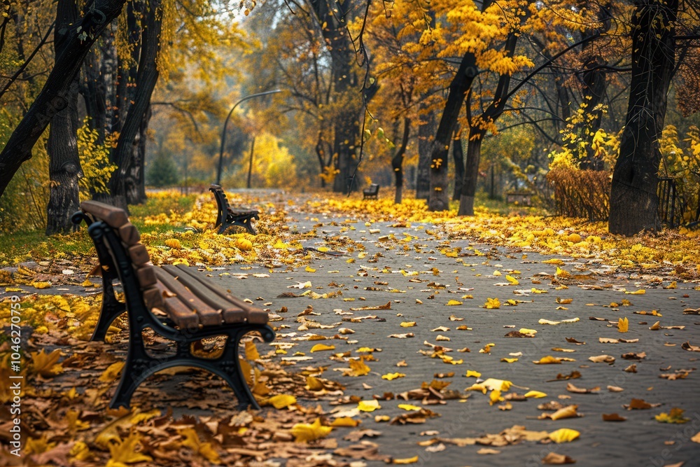 Aufkleber the park features winding pathways blanketed with colorful fallen leaves and inviting benches perfec