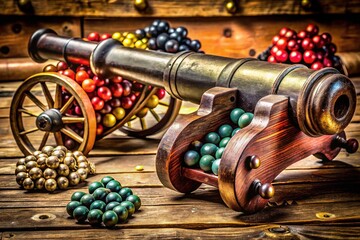 Obraz premium A rustic wooden surface accentuates a collection of vintage cannonballs and bullets, creating a striking display of war weaponry and rich historical significance.