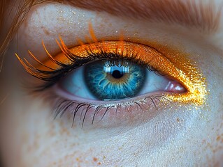 A close up of a woman's blue eye with orange glitter on it