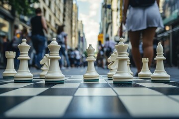 A chessboard in the middle of a busy street, where two strangers pause to play amidst the rush of life, showing that the game of chess transcends time and space, connecting people everywhere.