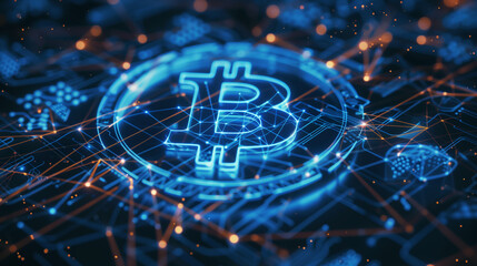 Bitcoin Blockchain Network with Glowing Digital Connections Depicting Cryptocurrency Transactions