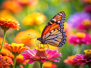 A stunning butterfly rests on bright flower petals, highlighting natureâ€™s fragile beauty in a peaceful garden, where vibrant colors blend effortlessly in serenity.