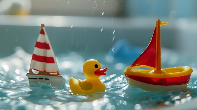 A rubber duck and a toy boat sailing in a bathtub