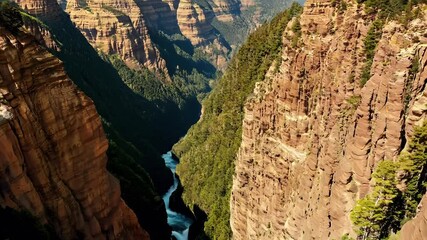 Drone footage captures breathtaking beauty green forests canyons vertical rock formations lush greenery highquality 4K video daytime landscape outdoors sky scenic  - Powered by Adobe