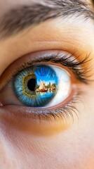 Fototapeta premium A close up of a person's eye with a reflection of a boat in the iris