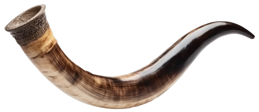 Shofar horn isolated on transparent background. Ancient musical horn typically made of a ram's horn