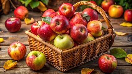 A vibrant array of fresh apples in a charming wooden basketâ€”perfect for nutritious snacking and scrumptious recipes. Elevate your culinary creations effortlessly!