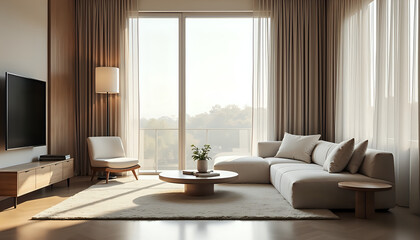 Fototapeta premium Modern living room with floor-to-ceiling windows