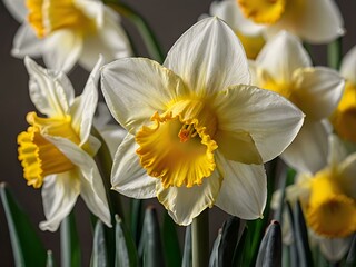 close up photo of white and yellow narcissus or daffodil flowers in a flower garden