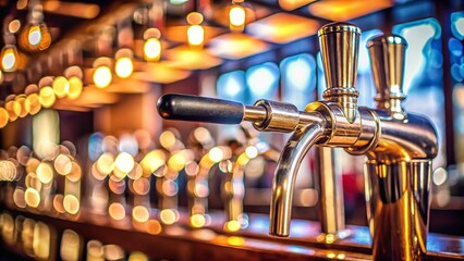 Low-angle view of a beer tap with a blurred background of the surrounding bar, drinkware collection, tap, craft beer equipment, bar setup
