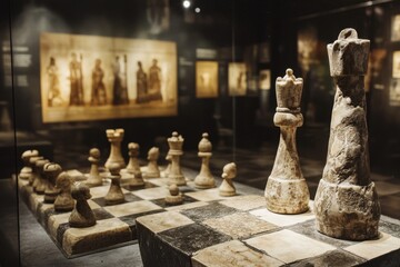 A historic chess set made of bone and stone, displayed in a dimly lit museum, telling the tale of centuries-old battles fought and won on ancient boards by legendary players from forgotten times. © Thanapong