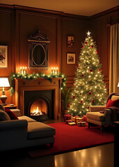 Obraz premium Christmas Tree and Fireplace in Elegant Living Room