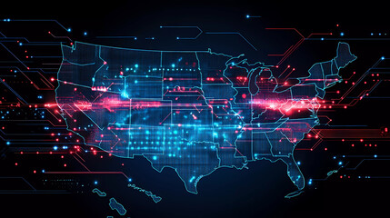 Obraz premium Digital map of USA, concept of North America global network and connectivity, data transfer and cyber technology, information exchange and telecommunication Generative AI