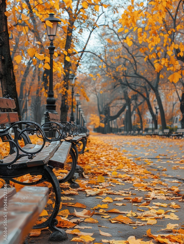 Poster a tranquil urban park presents winding paths covered in vibrant autumn leaves, with empty benches in