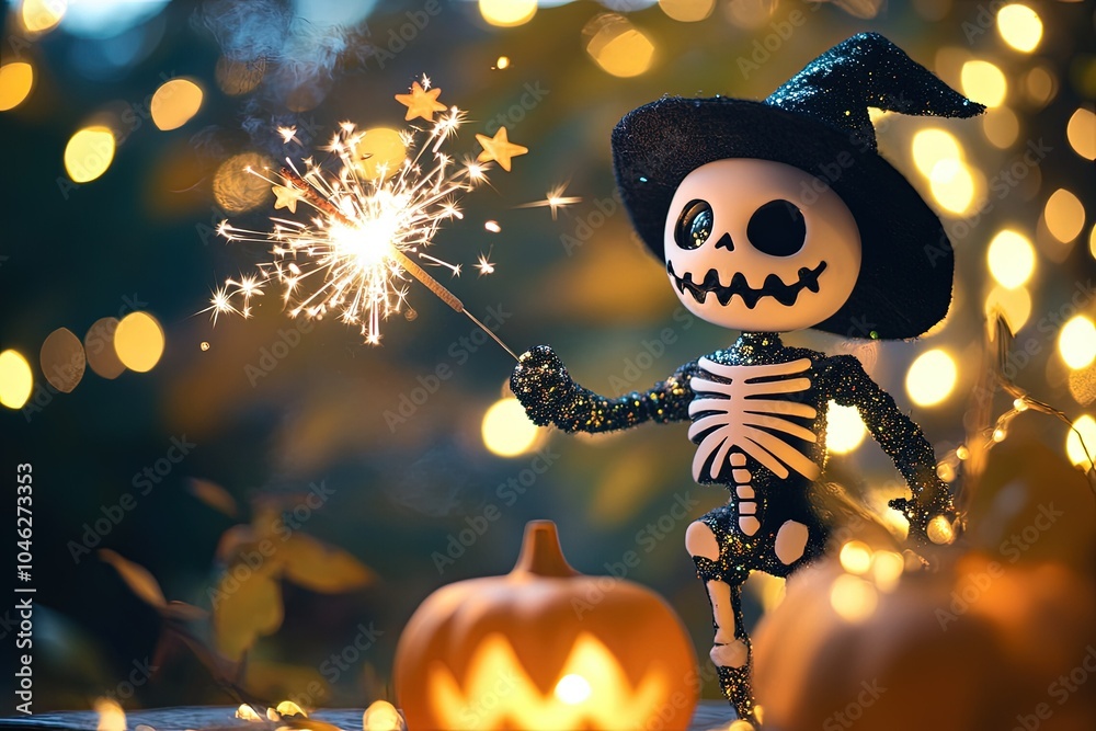 Sticker a skeleton figurine holding a sparkler next to a pumpkin