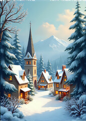 Snowy Village Scene with Church and Mountains