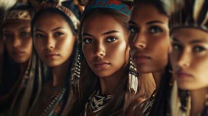 Obraz premium A group of women wearing native american headdresses standing in a line