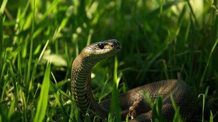 Fototapeta premium A snake emerging from lush green grass, showcasing its scales and natural habitat.
