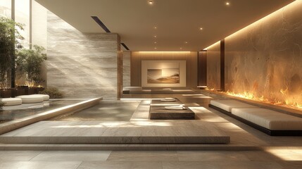 Serene spa interior featuring minimalist design and warm lighting.