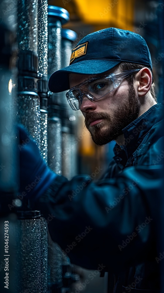 Poster automated high tech smart manufacturing facility producing water filters with an engineer overseeing