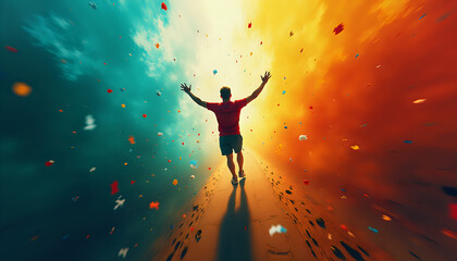 Naklejka premium Silhouette of a man jumping in a colorful sky