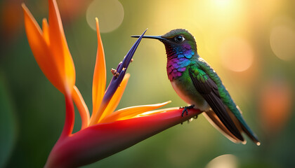 Fototapeta premium Hummingbird feeding on a colorful flower