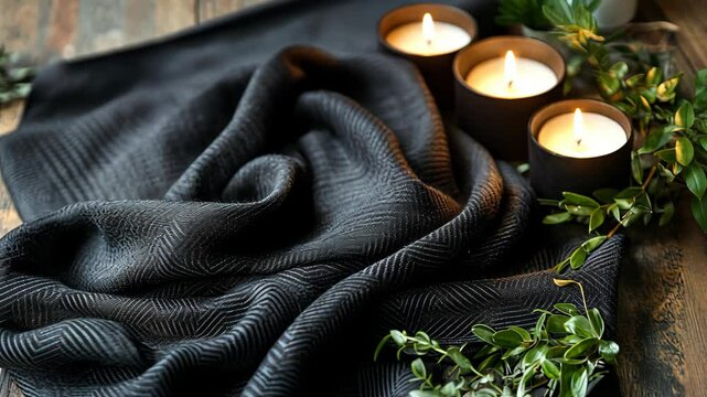 Black fabric with a subtle herringbone pattern sits atop a wooden surface, adorned with three burning candles and greenery