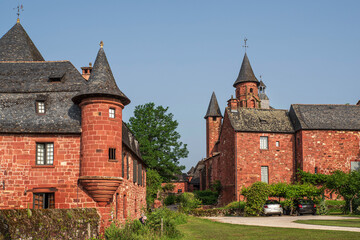 Red stone architecture in the village of Colonges la rouge in Corrèze, France