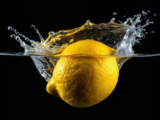 Bright lemon spins and gracefully floats in isolation on a black backdrop, perfect for seamless loop compositing, featuring an alpha channel for effortless integration.