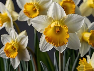 close up photo of white and yellow narcissus or daffodil flowers in a flower garden
