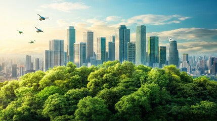 Obraz premium A futuristic smart city with towering skyscrapers made of glass and steel, autonomous electric cars, flying drones, and smart homes with integrated solar panels. 